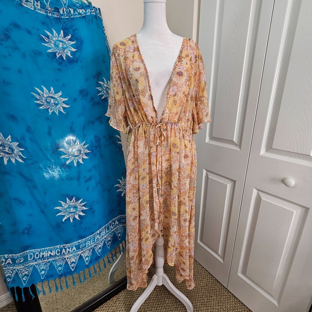 3rd + Malt 2XL Floral Maxi Beach Cover Up Sheer Boho Kimono Resort Vacation